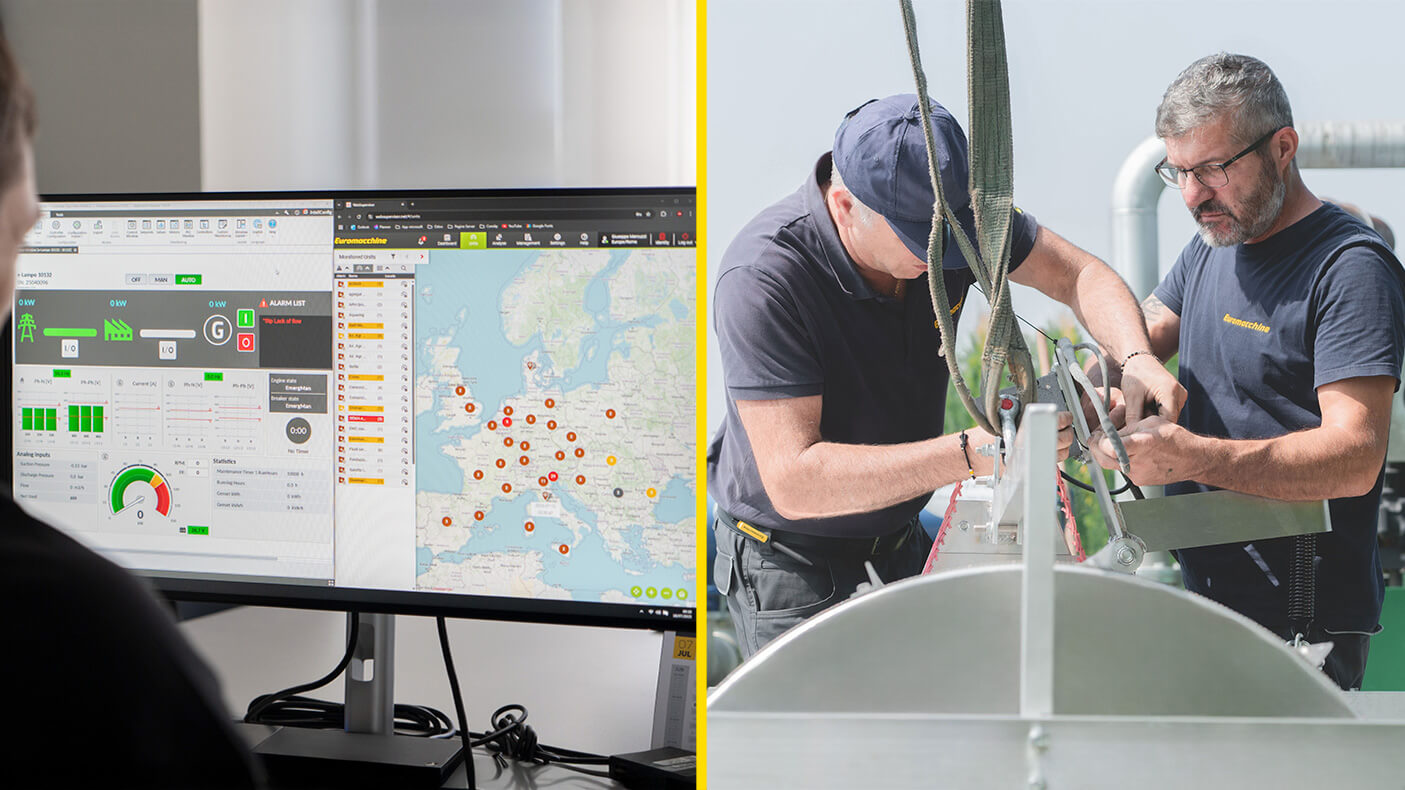 Euromacchine assistance. Technician monitoring systems and team working on Euromacchine equipment.