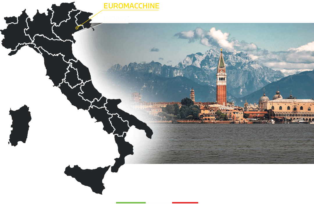 Map showing Euromacchine Venice. Euromacchine location near Venice, Italy with city skyline.