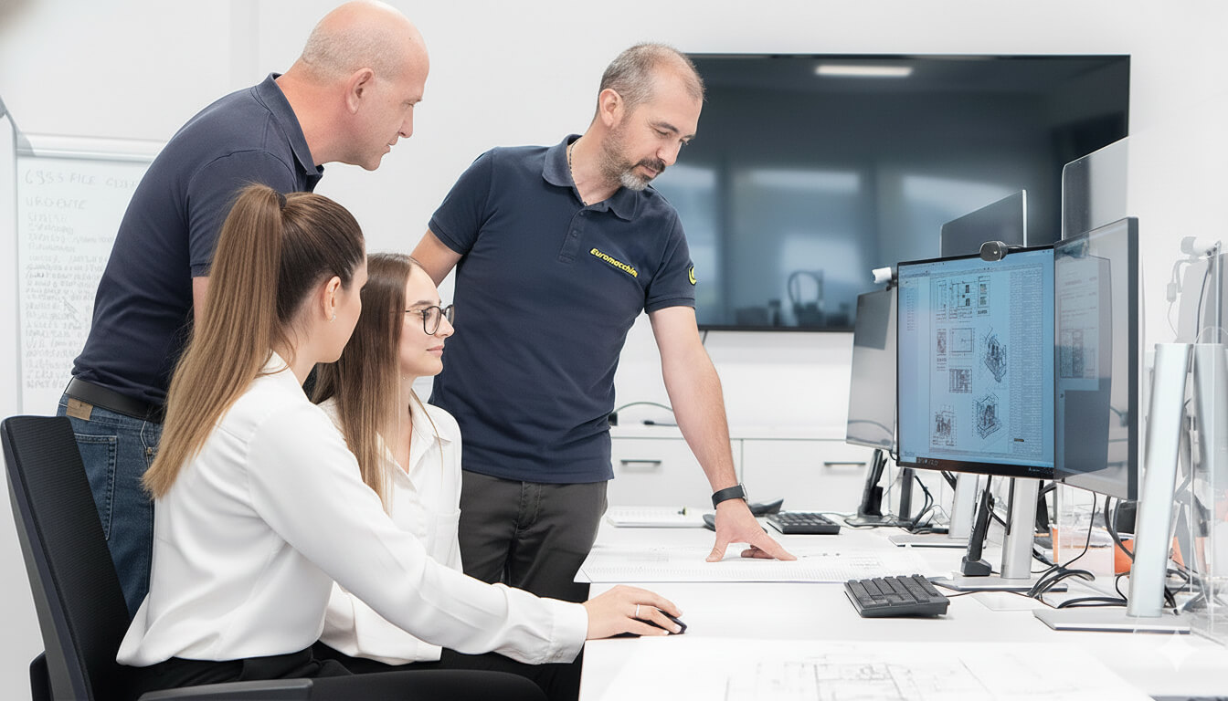 Euromacchine R&D. Engineering team reviewing technical drawings on computer screens.